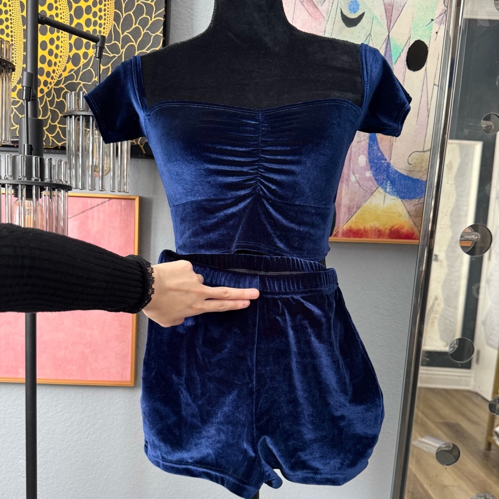 NEW Handmade Designer Deep Blue Velvet Two-Piece Set, XS